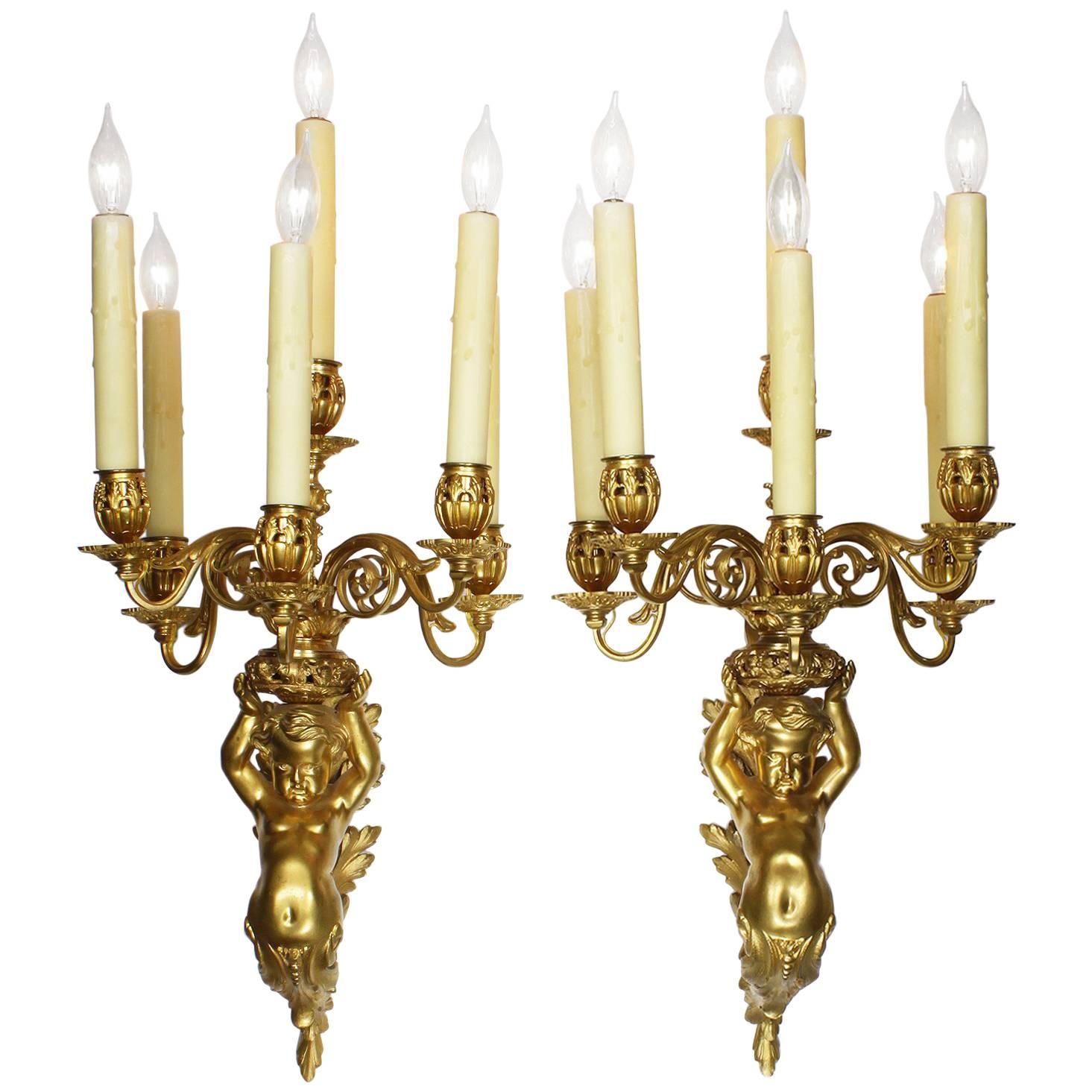 Pair of French Belle Époque Louis XV Style Gilt Bronze Six-Light Wall Sconces