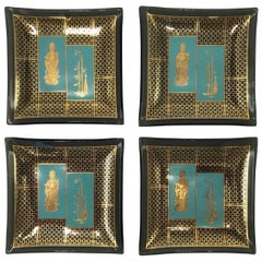 1970s James Mont Style Smoked Glass Coasters with Etched Gold, Set of Four