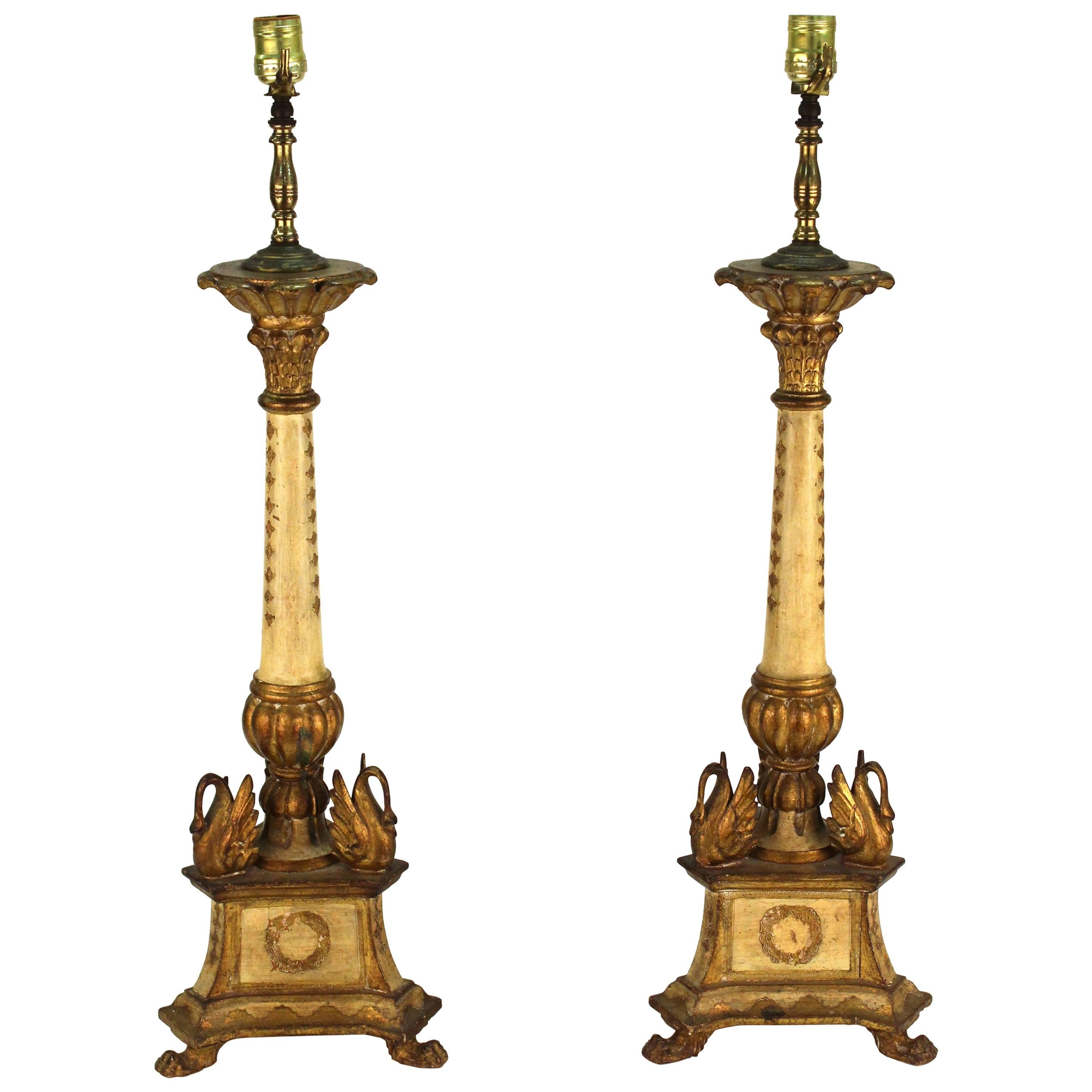 Pair of Giltwood Torchere Table Lamps
