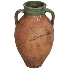 Tall Antique Terracotta Olive Jar with Green Glazed Rim