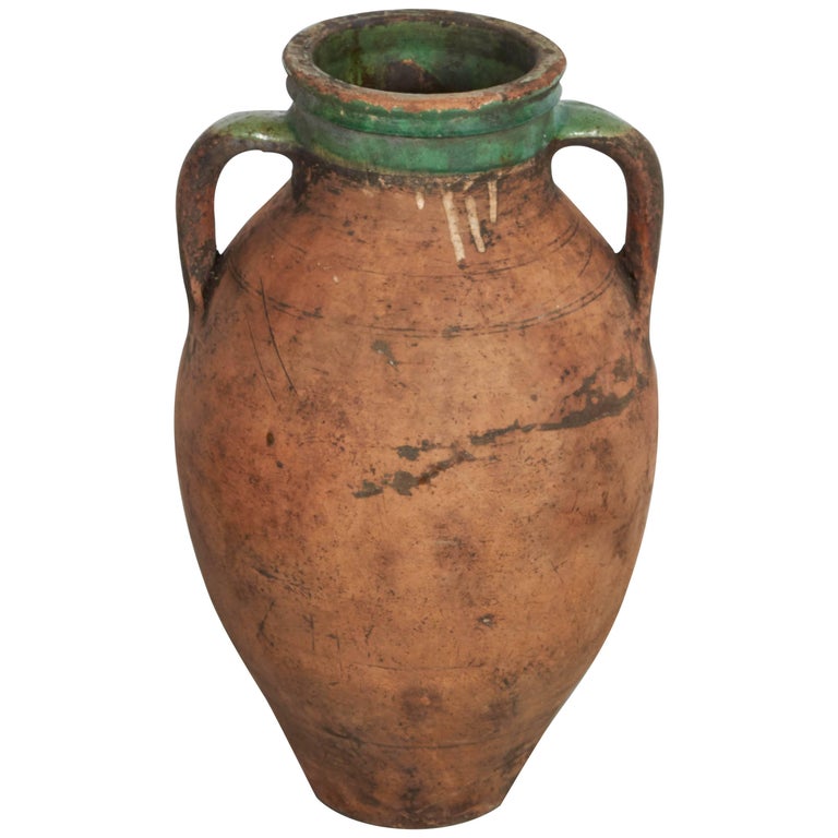 Tall Antique Terracotta Olive Jar with Green Glazed Rim For Sale at 1stdibs