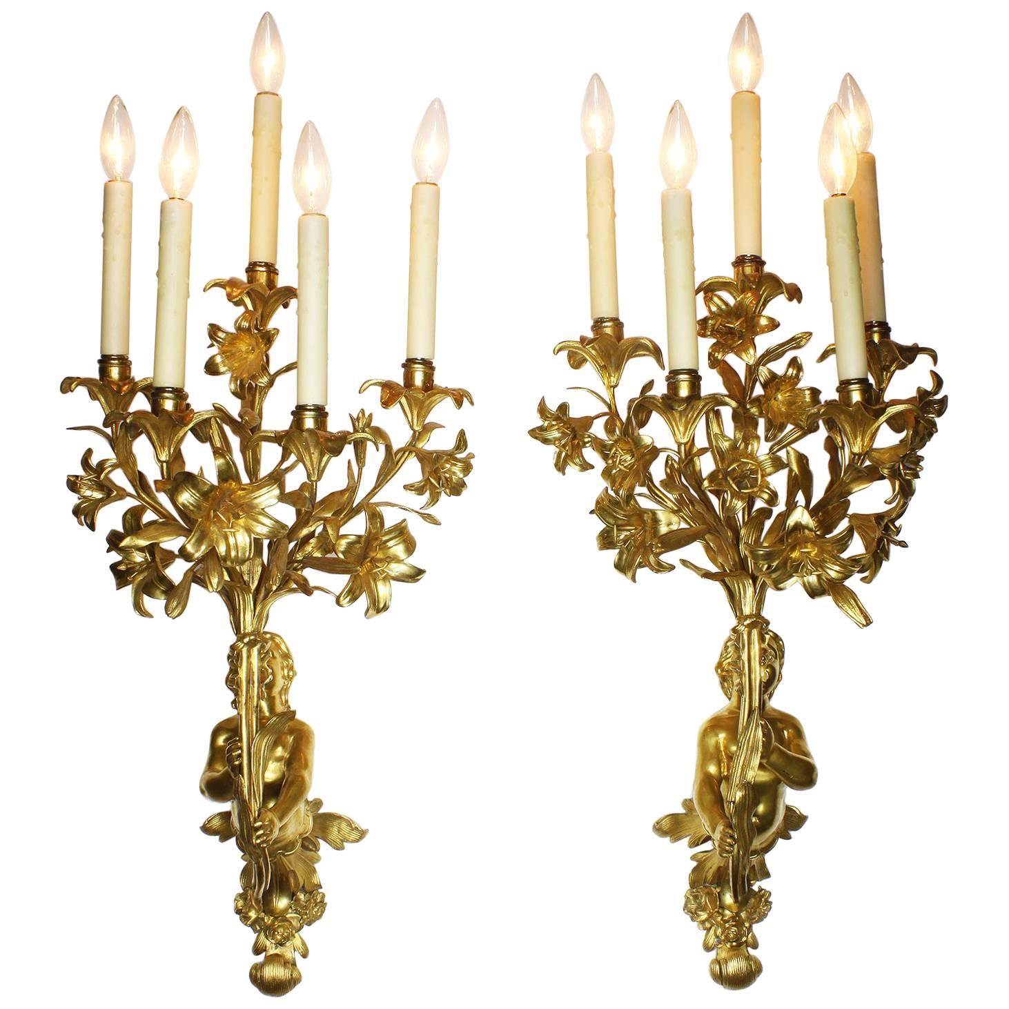Pair of French 19th Century Neoclassical Style Gilt Bronze Putto Wall Lights For Sale
