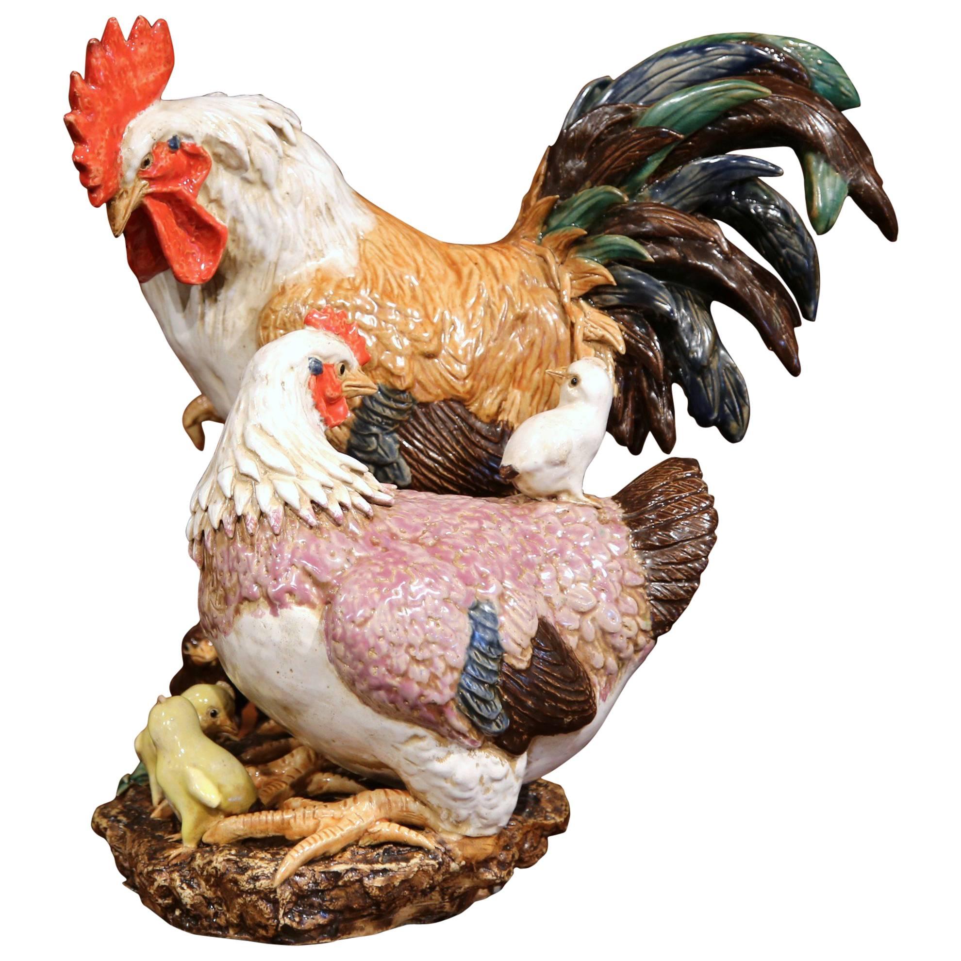 Colorful French Hand-Painted Barbotine Animal Sculpture with Chicken and Chicks