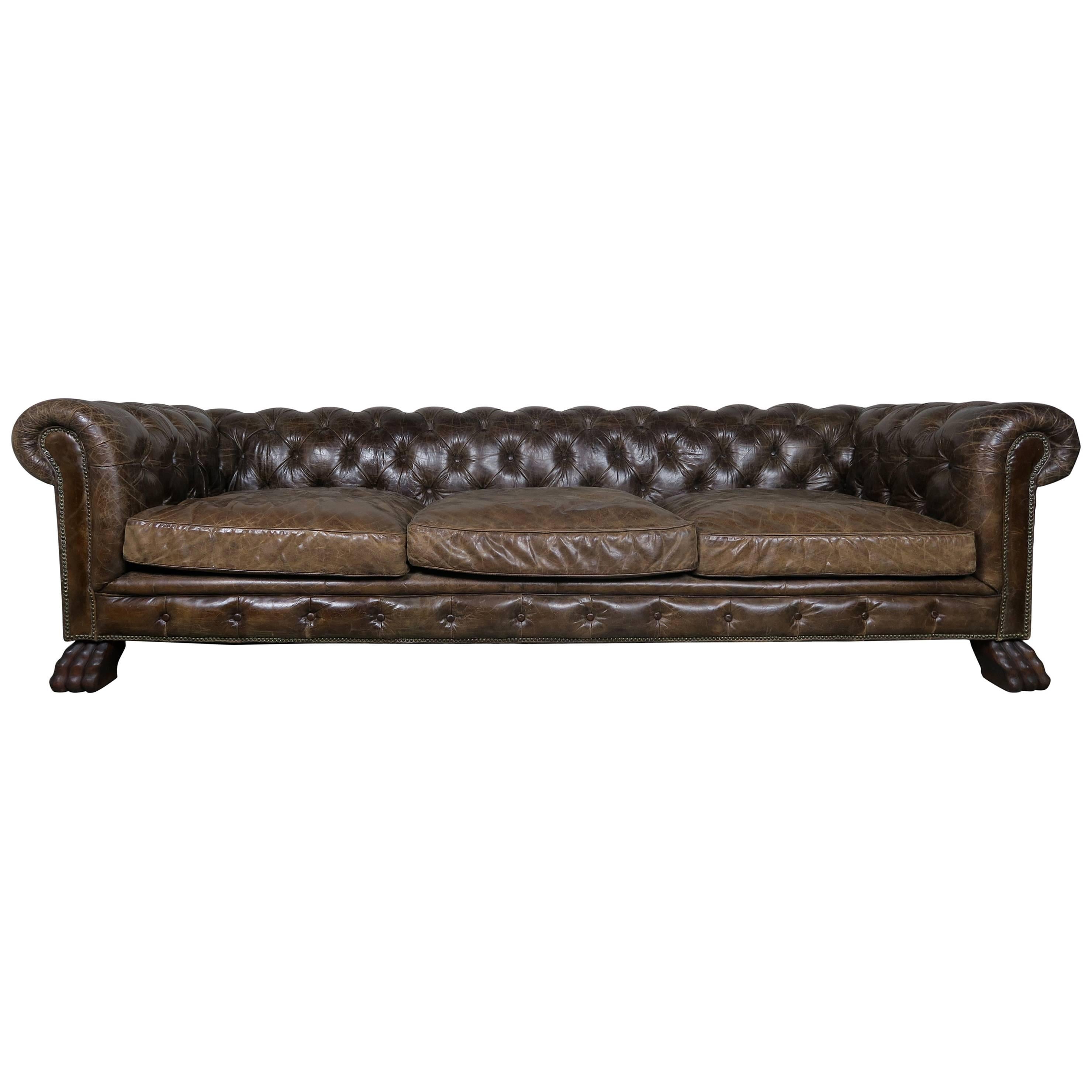 English Leather Tufted Chesterfield Style Sofa with Lion Paw Feet