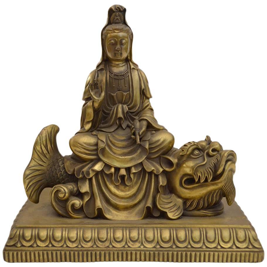Chinese Bronze Quan Yin Statue with Buddha in Headdress