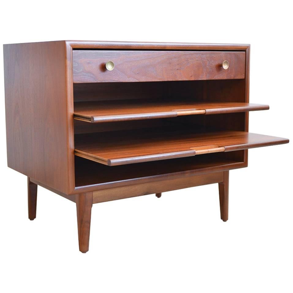 Kipp Stewart Walnut Nightstand with Pull Out Magazine Shelves, circa 1965