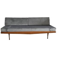Midcentury Grey Velvet Daybed Sofa with Peg Legs