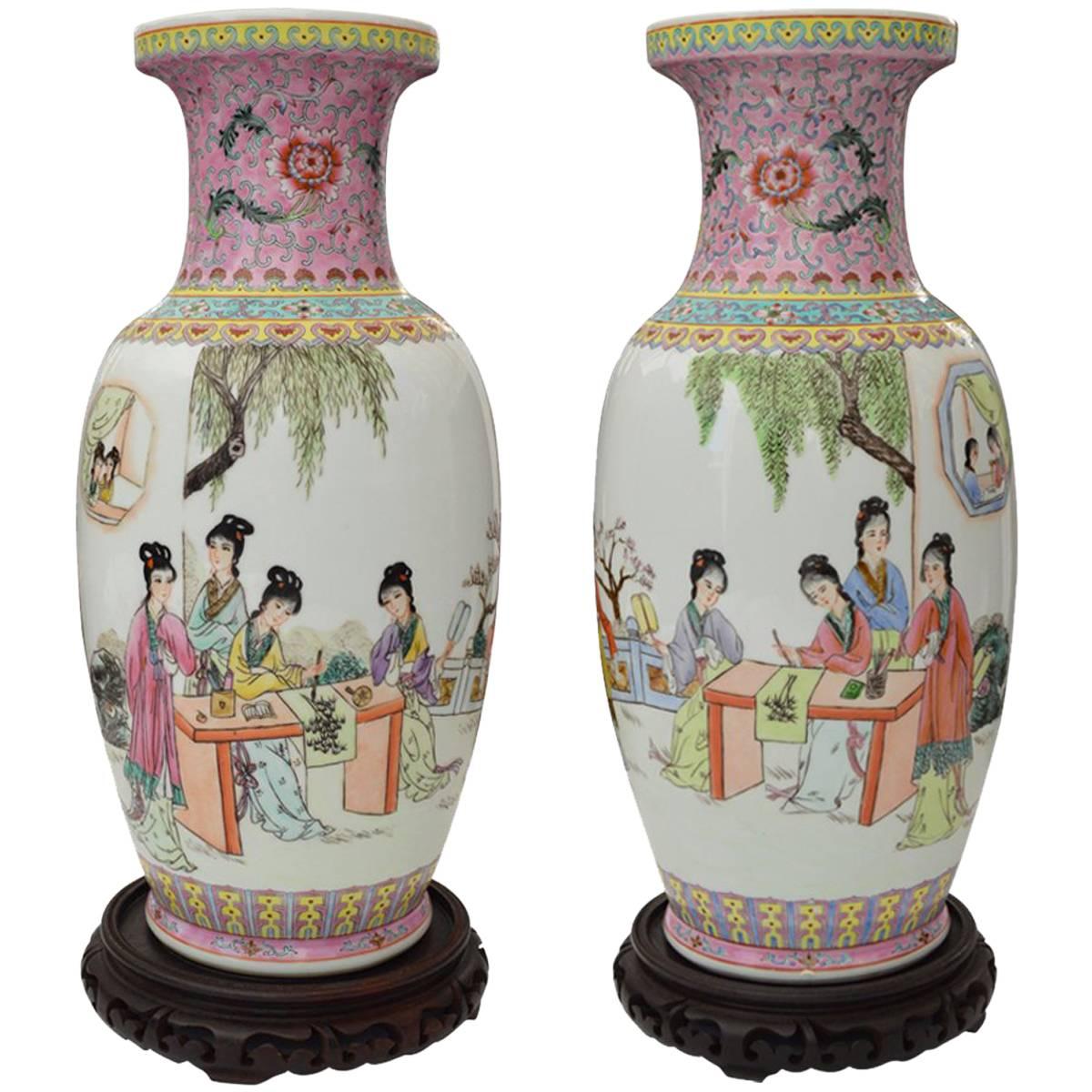 Pair of Chinese Famille Rose Enameled Vases For Sale