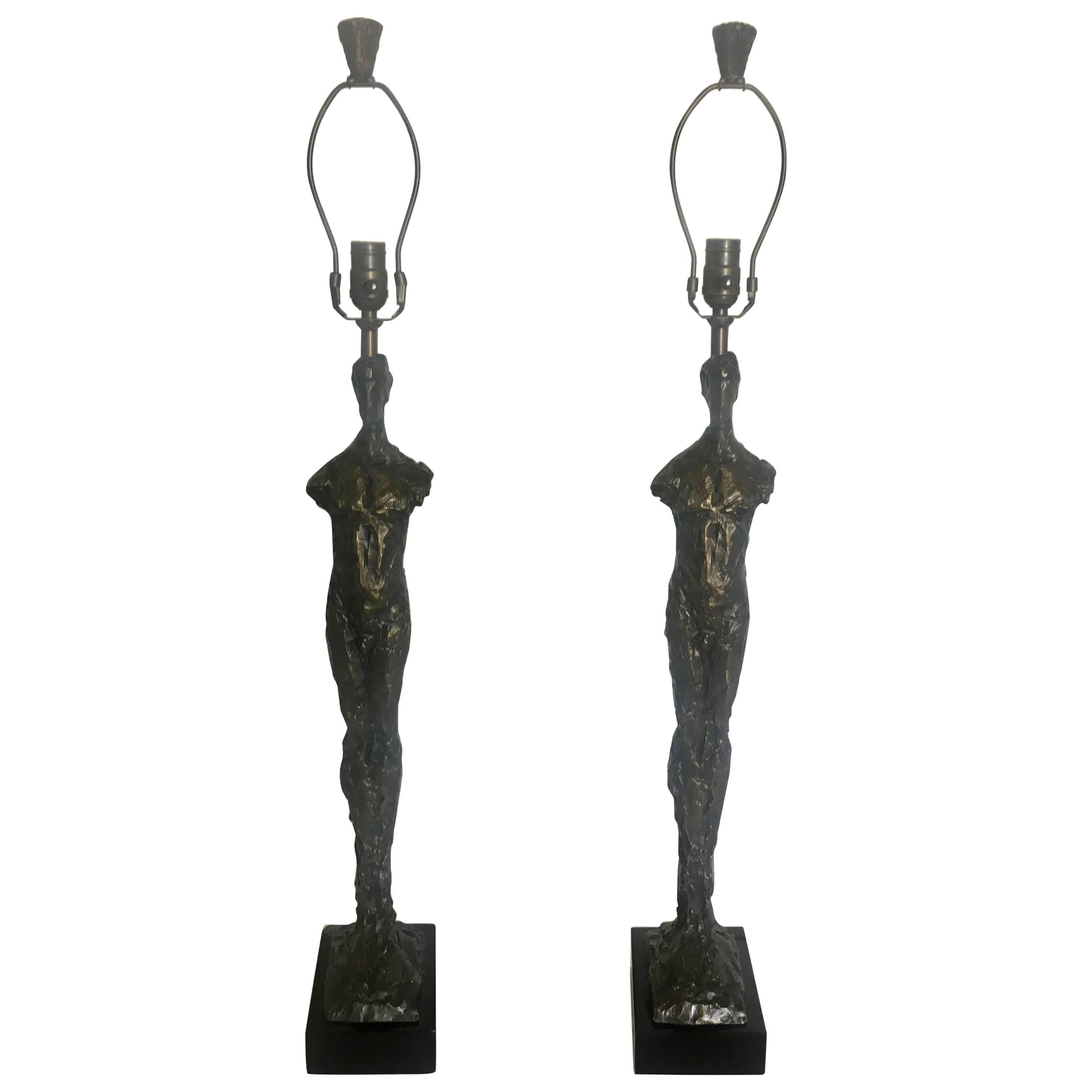 Pair of Sculptural Tom Corbin Bronze "Adam" Lamps with Bronze Finials