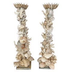 Pair of Tall Seashell Encrusted Candleholders Candlesticks