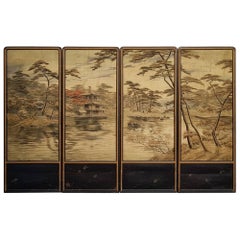 Japanese Embroidered Silk Four-Panel Folding Screen