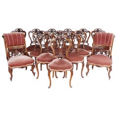 Set of 12 Victorian Walnut Dining Chairs and Two Salon Chairs