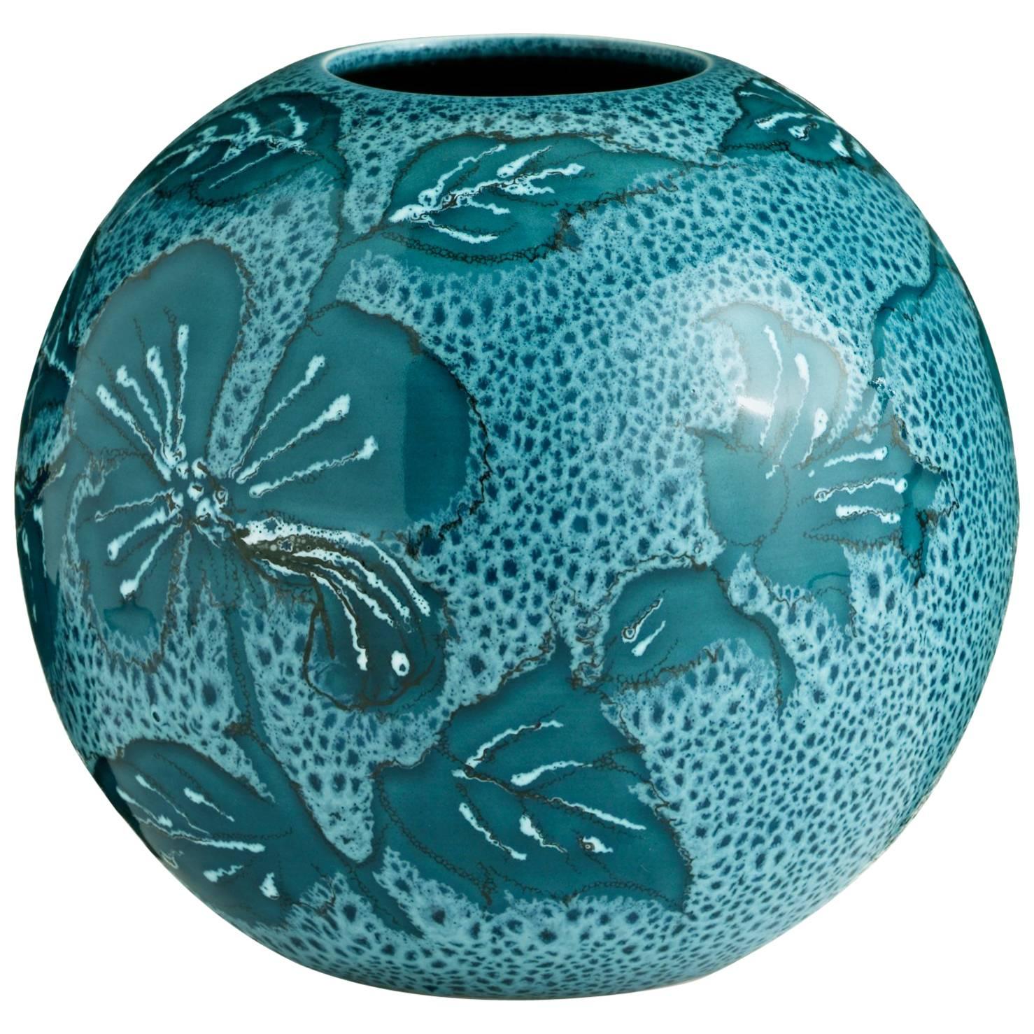 Small Blue Hand-Painted Floral Vase For Sale