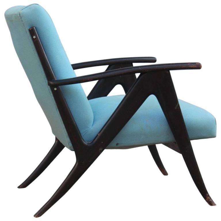 Mid-Century Modern Armchair 1950s Italian Design Wood Fabric 