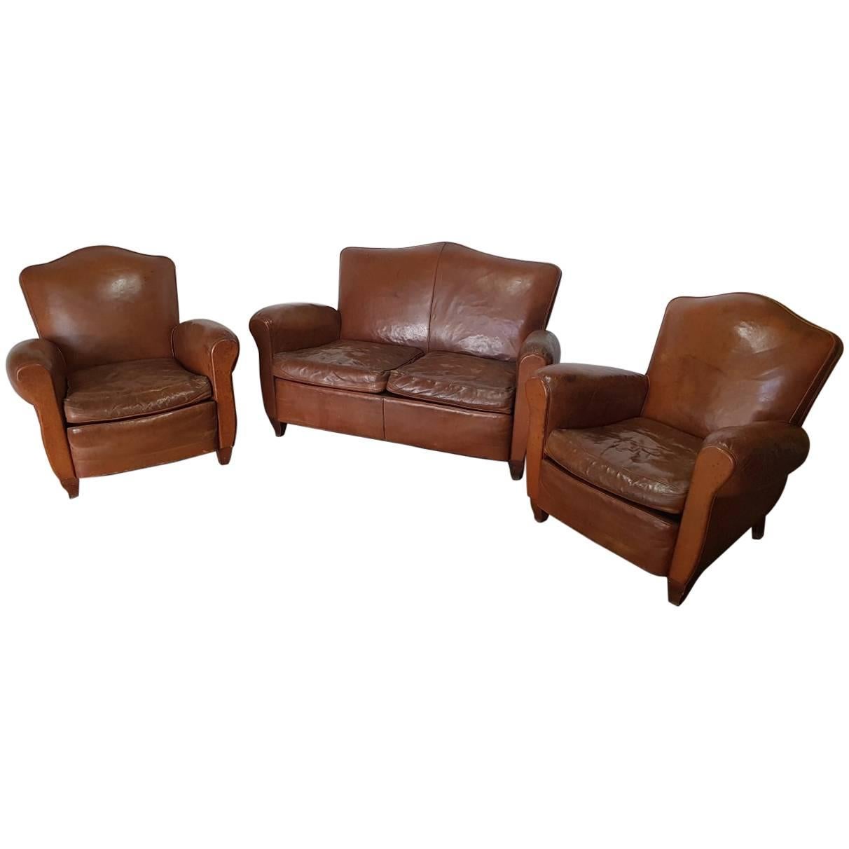 Vintage French Leather Club Chairs with Matching Sofa from the 1950s