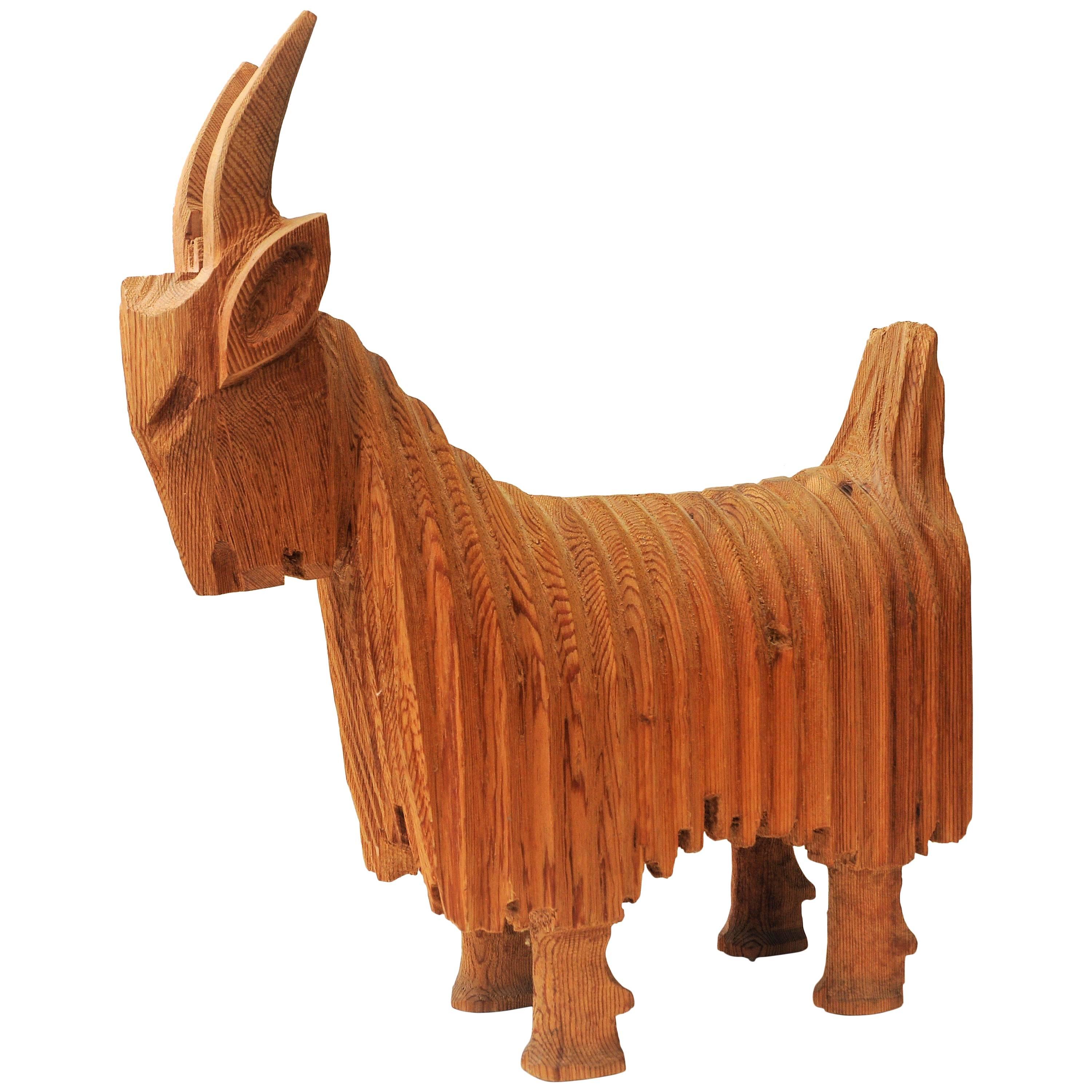 Big Scandinavian Wooden Goat Figurine