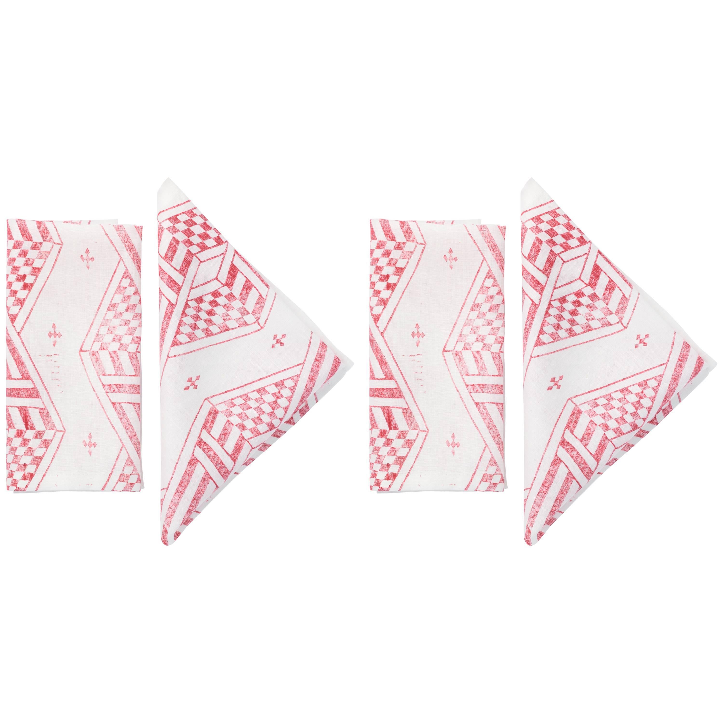 Pink and White Hand Printed Linen Napkins, Set of Four For Sale