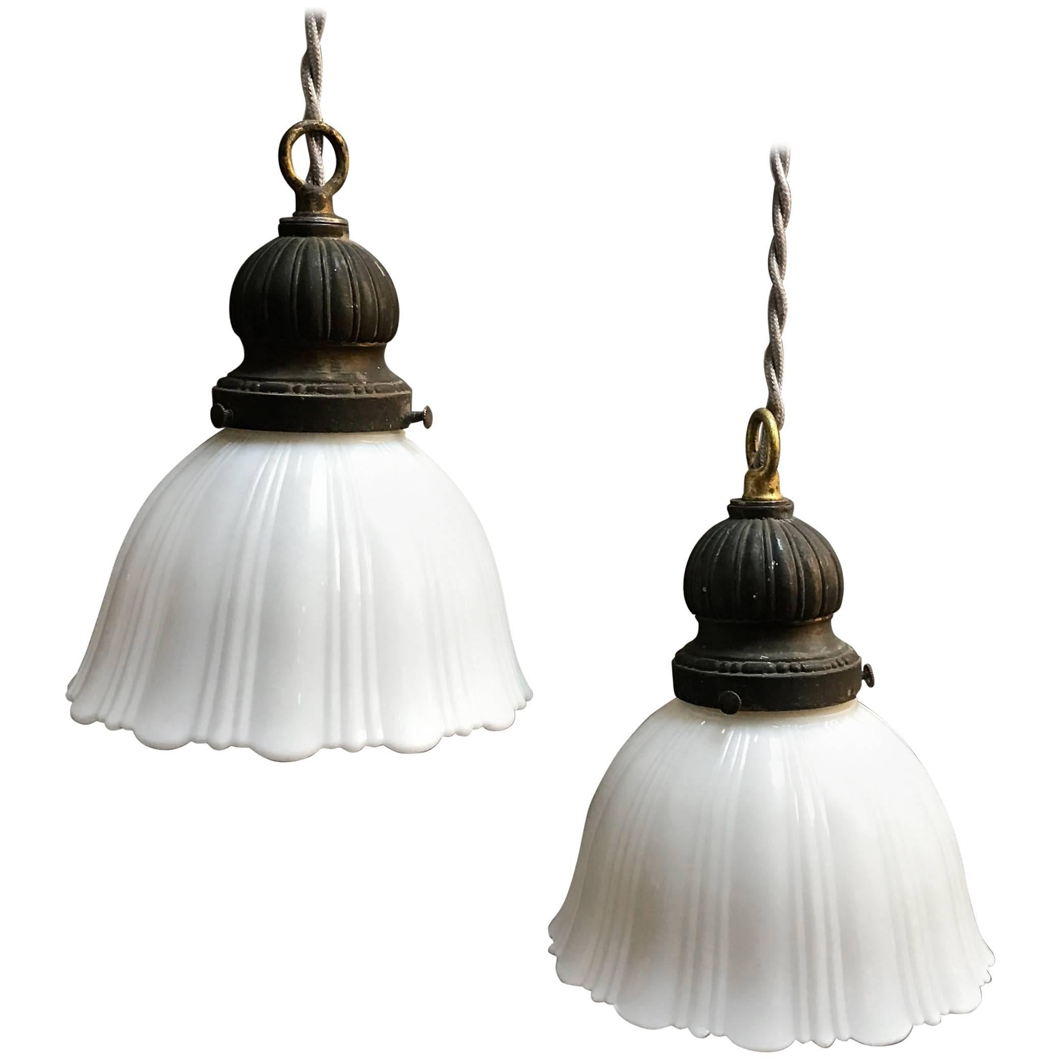Pair of Fluted Milk Glass Bell Pendant Lights