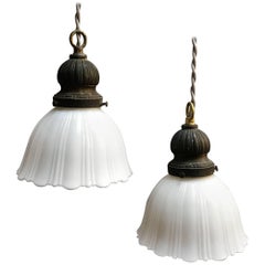 Antique Pair of Fluted Milk Glass Bell Pendant Lights