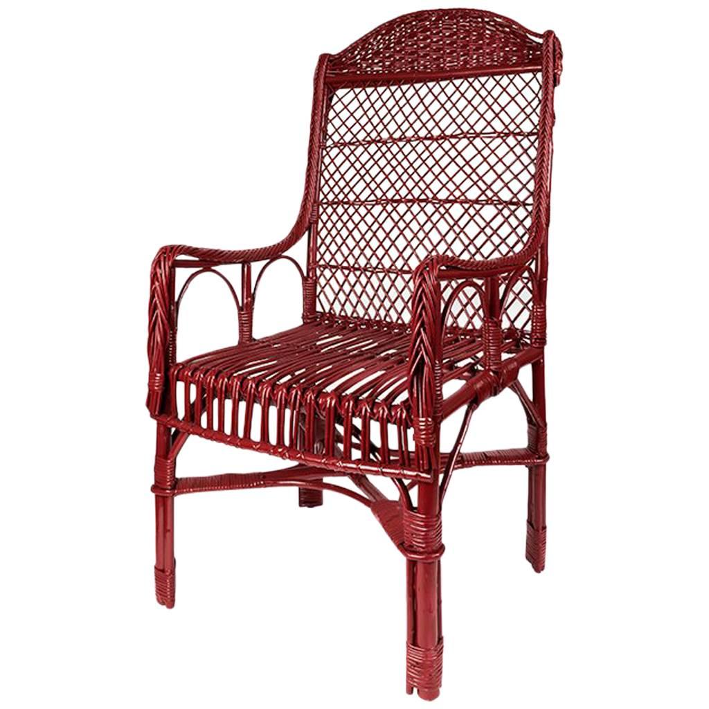 Handwoven Wicker Armchair in Balmoral Red For Sale