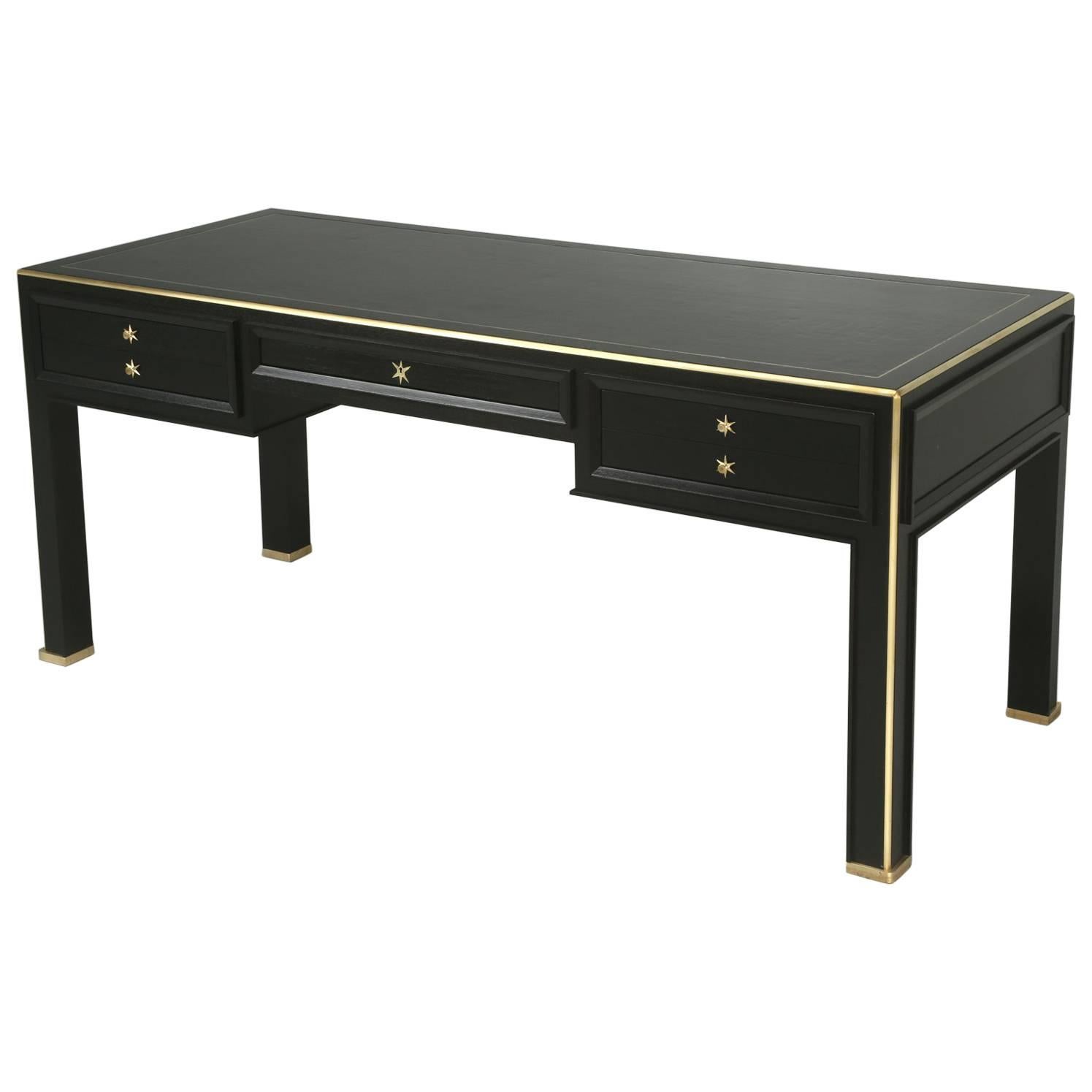 Jacques Adnet Inspired Desk in Solid Mahogany and Solid Brass Trim in Any Size For Sale