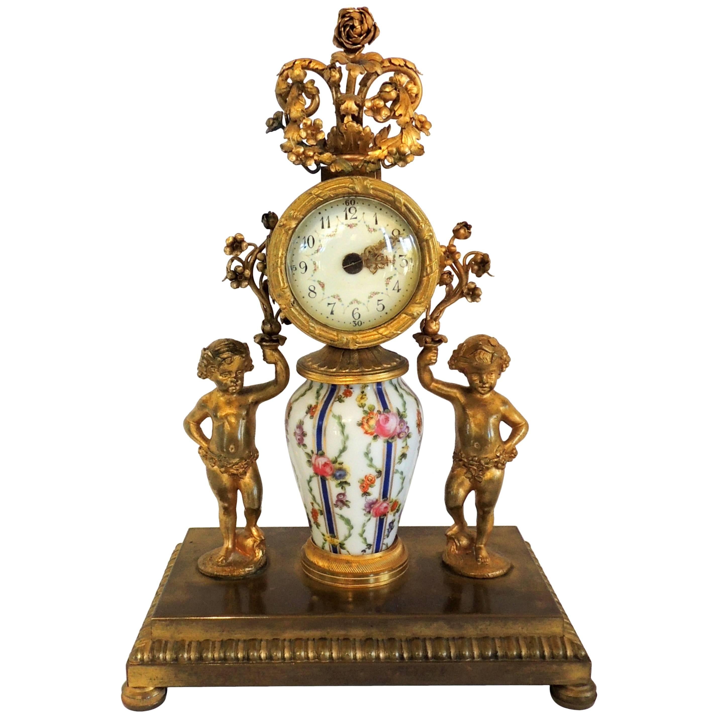 French Hand-Painted Porcelain Ormolu Dore Bronze-Mounted Cherub Putti Clock