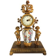 French Hand-Painted Porcelain Ormolu Dore Bronze-Mounted Cherub Putti Clock