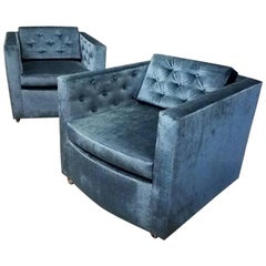 Pair of Mid-Century Modern Blue Velvet Club Chairs