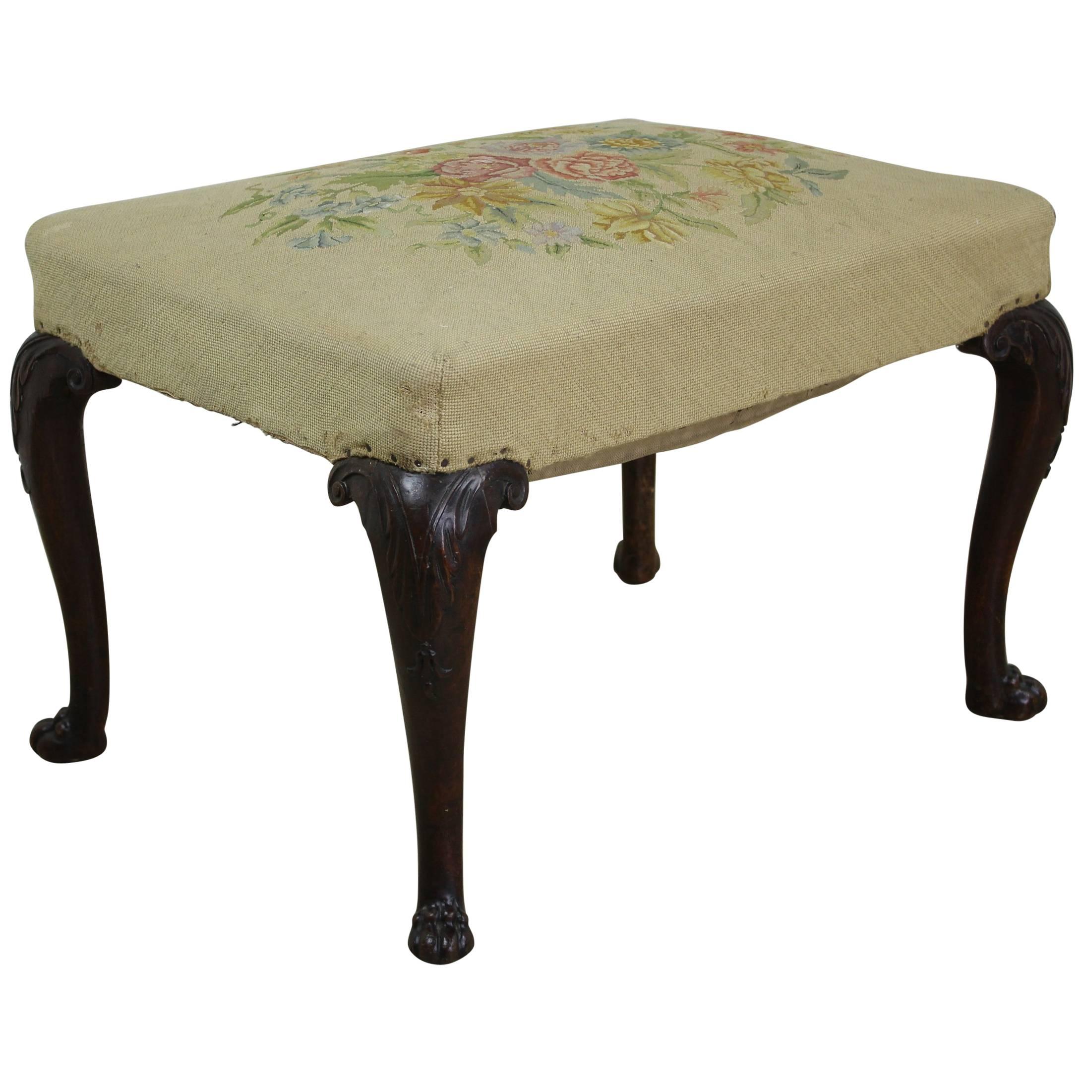 19th Century English Mahogany Needlepoint Stool with Claw Feet For Sale