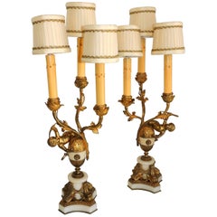 Vintage Beautiful French Dore Bronze Marble Cherub Ormolu-Mounted Candelabra Lamps, Pair