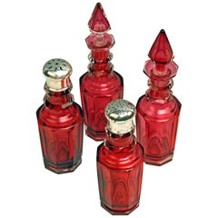 Glass Condiment Oil Vinegar Set Ruby Red Silver Vintage Vienna Made 1854