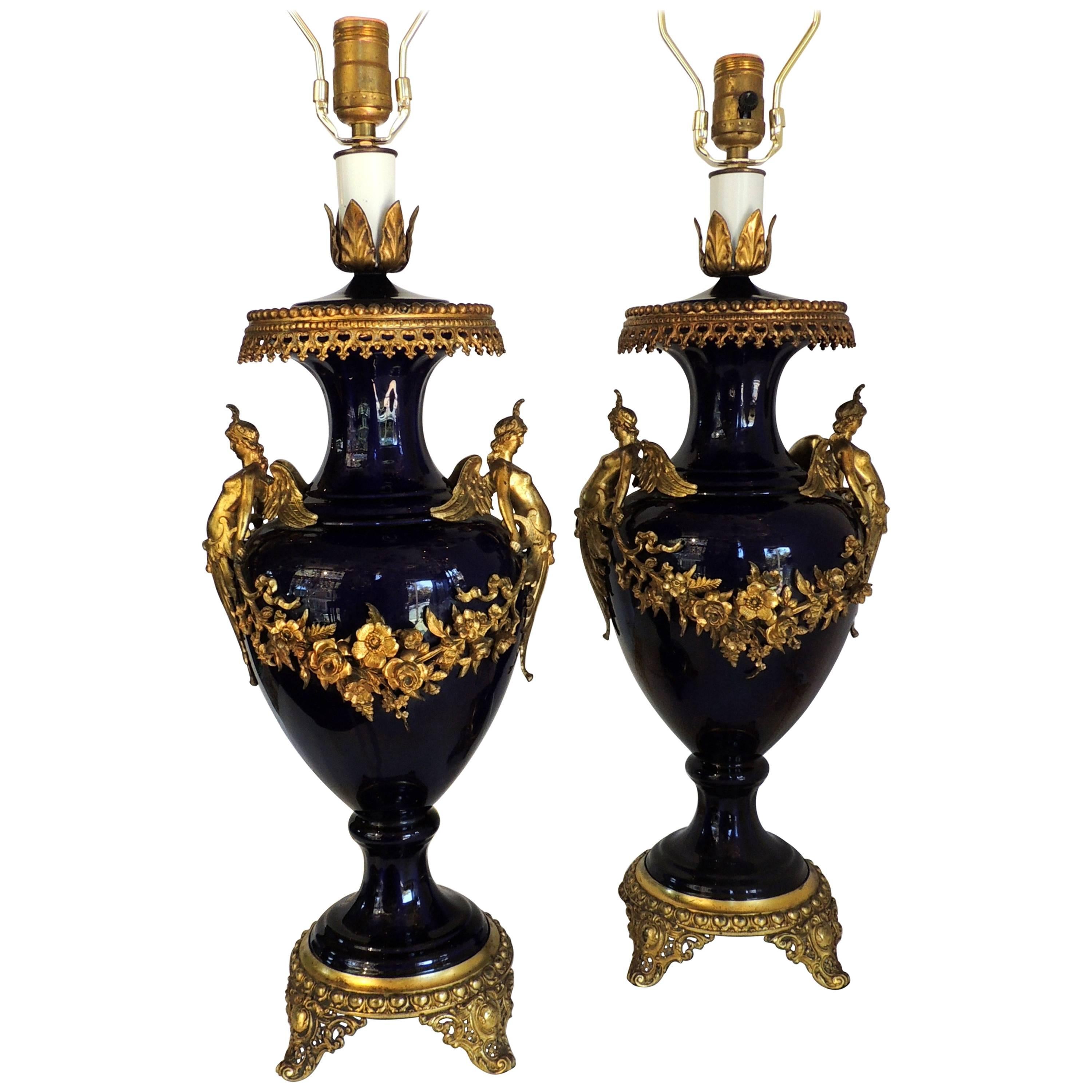 Wonderful Pair of French Bronze Ormolu Sevres Cobalt Blue Porcelain Urn Lamps