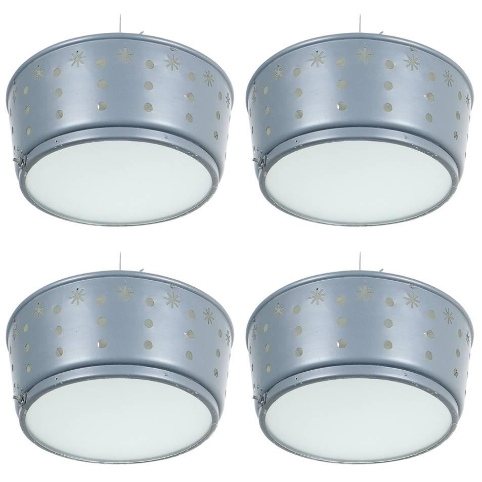 Tynell Style Four Large Pierced Grey Aluminium Glass Flush Mounts, France, 1950 For Sale