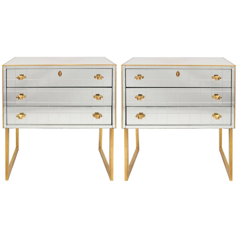 1970s Italian Mirrored Chest Nightstands on Brass Legs at 1stdibs