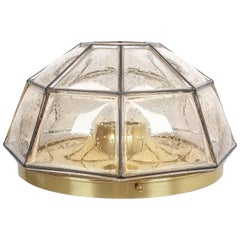 Glashütte Limburg Brass and Glass Flush Mount Ceiling Lamp, Germany, 1960