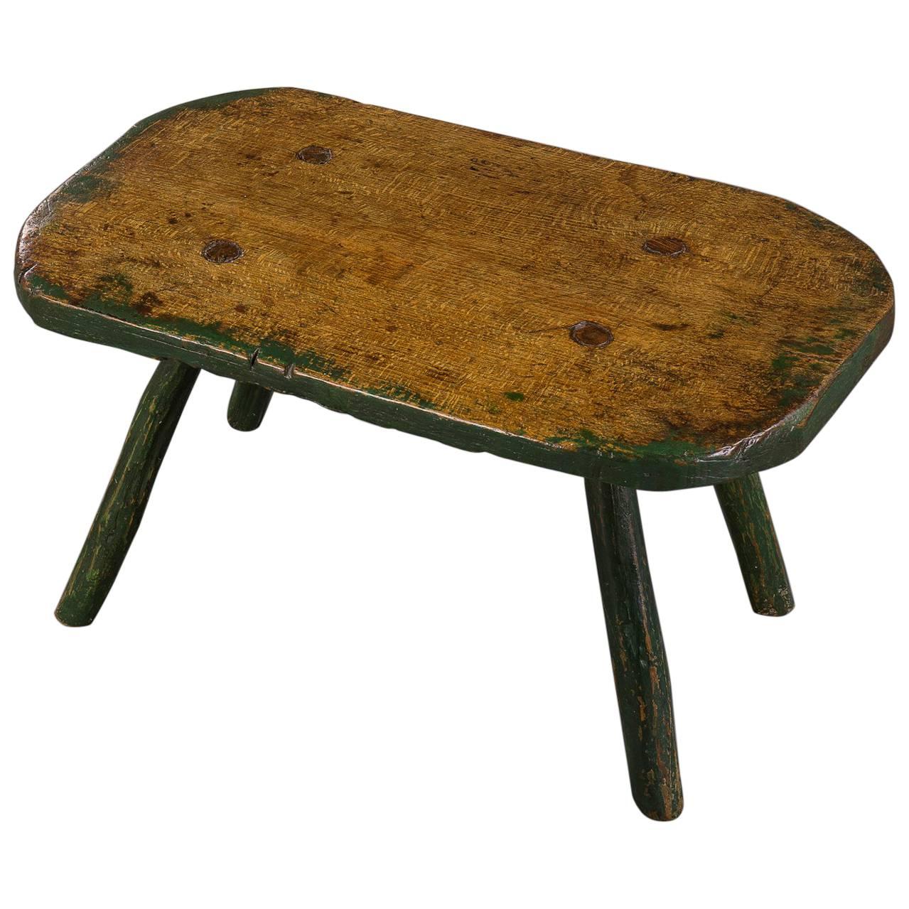 Early 19th Century Beech and Green Painted Primitive Large Stool