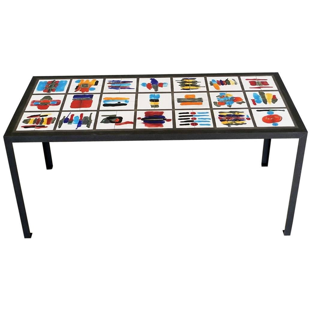 Colorful Rectangular Hand-Painted Ceramic Steel Dining Table For Sale