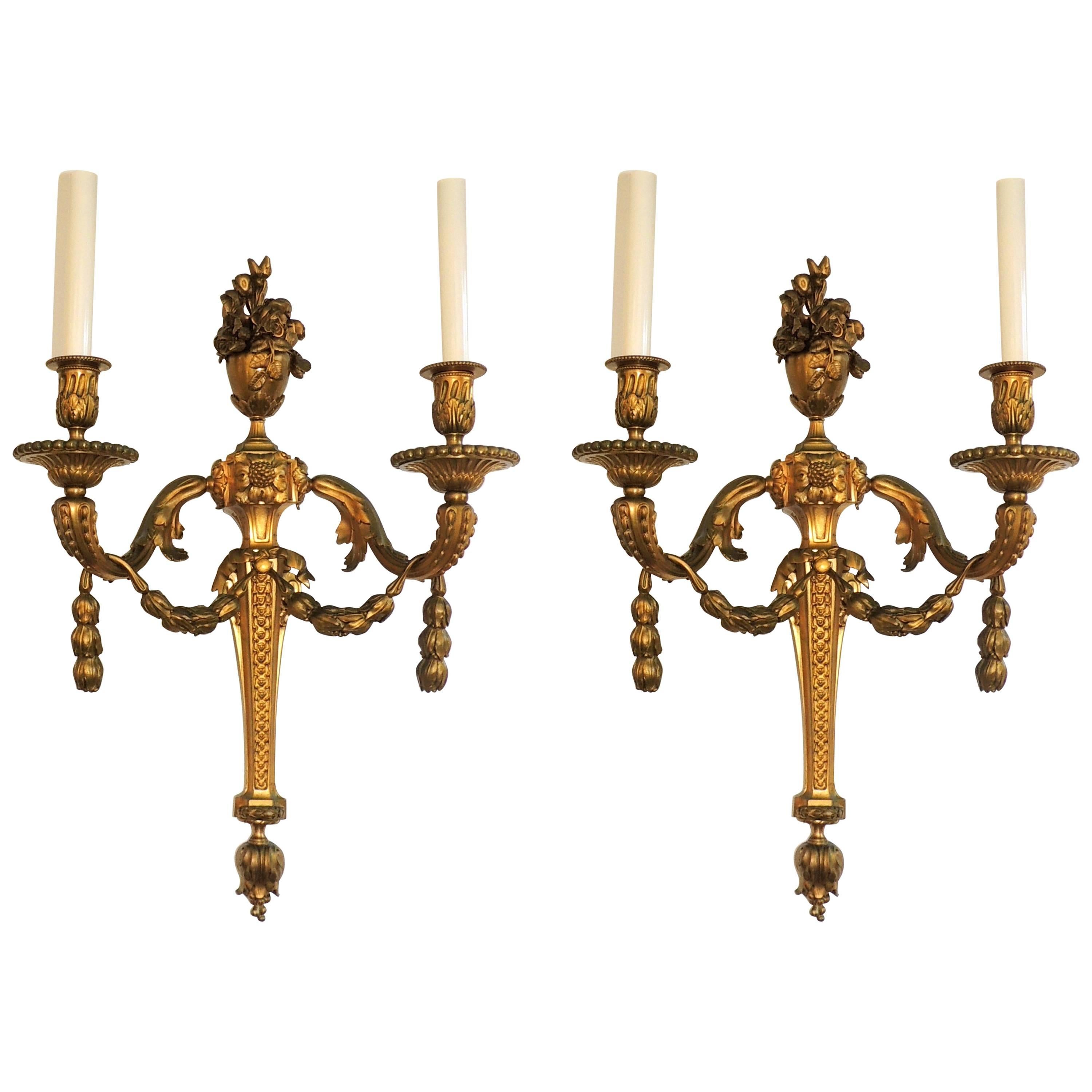 Wonderful French Pair Two-Arm Gilt Dore Bronze Urn Floral Garland Swag Sconces