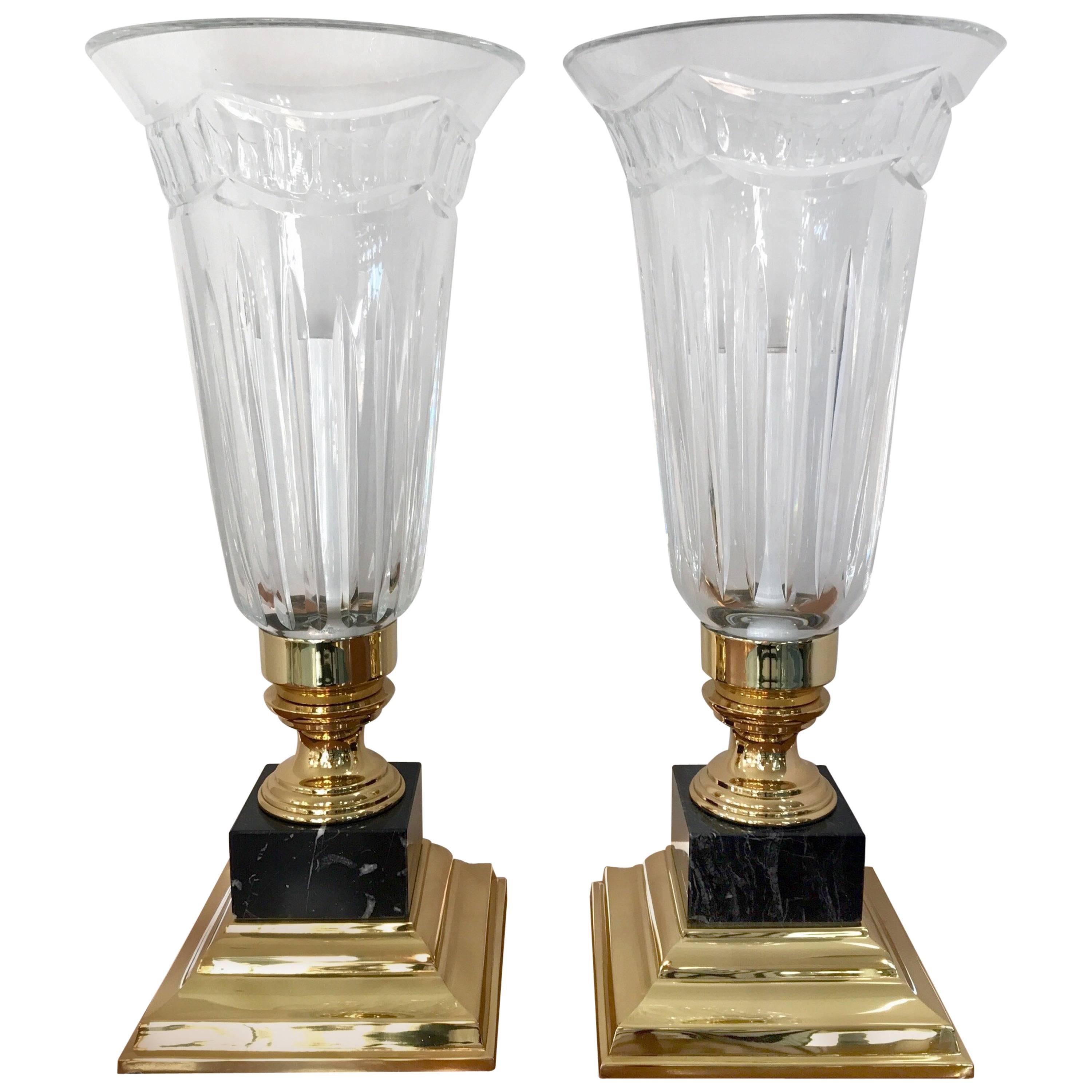 Pair of Waterford Crystal Electric Hurricane Lamps Pompeii Marble Base