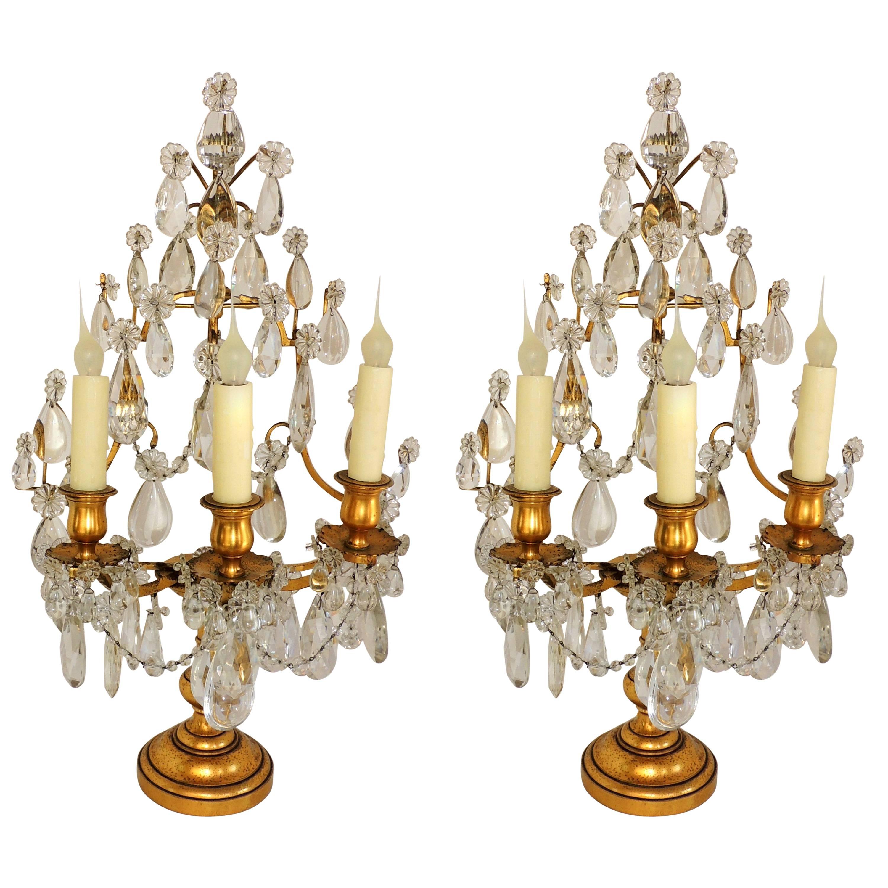 Pair of French Doré Bronze Crystal Girandoles Candelabras Three-Light Lamps