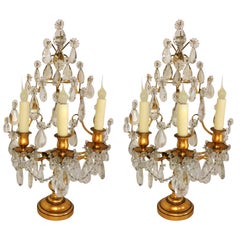 Pair of French Doré Bronze Crystal Girandoles Candelabras Three-Light Lamps