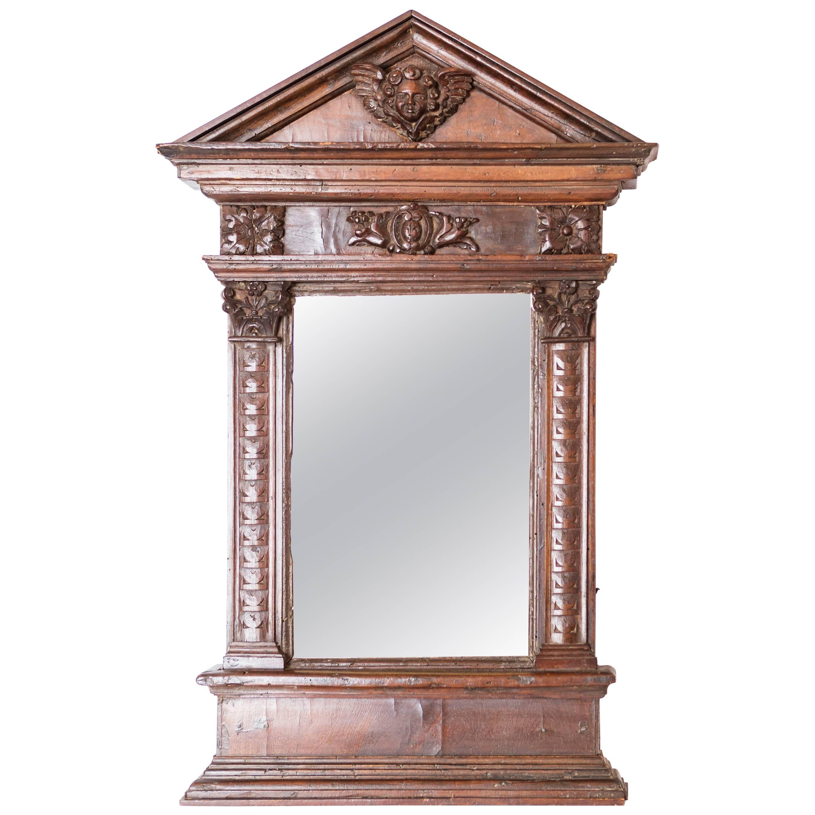 18th Century Italian Wood Mirror with Pediment and Cherub Detail