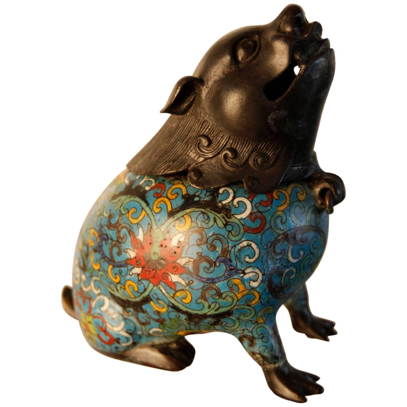Mid-20th Century Chinese Bronze and Cloisonné Fu Dog Incense Burner For Sale