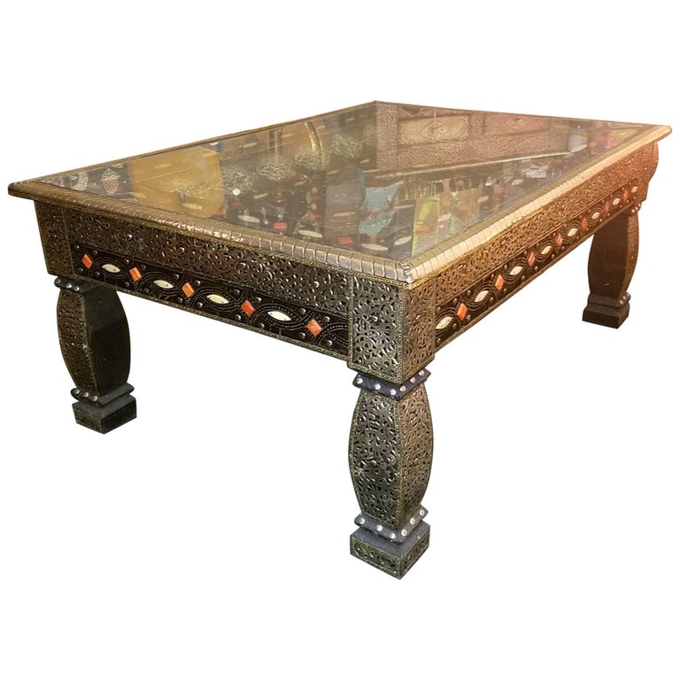 Moroccan Metal Inlaid Coffee Table Camel Bone Added
