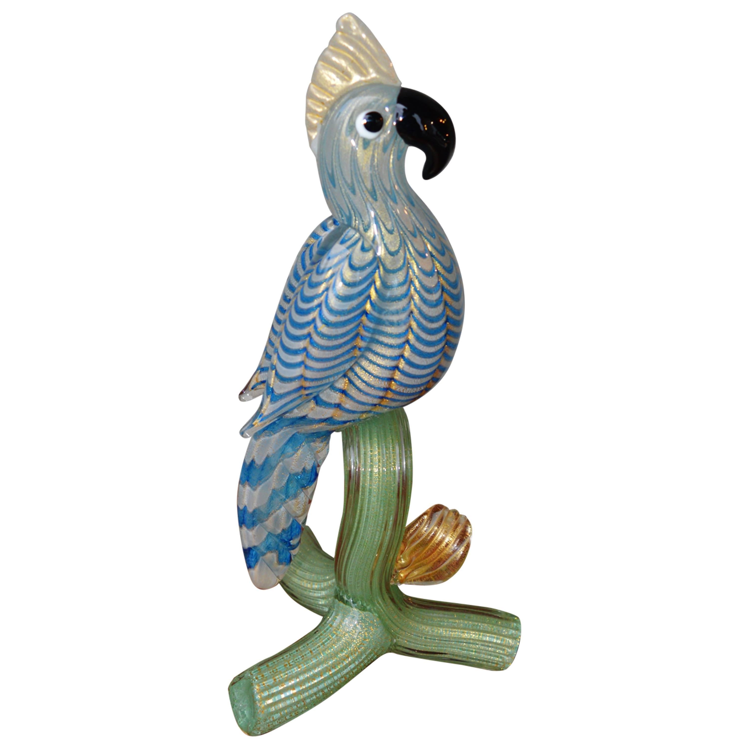 Murano Parrot Blue Green Art Glass Figurine, Barovier e Toso Attributed, Italian