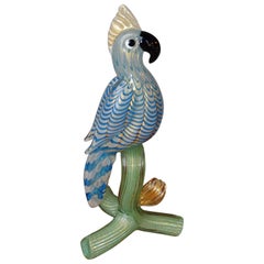 Vintage Murano Parrot Blue Green Art Glass Figurine, Barovier e Toso Attributed, Italian