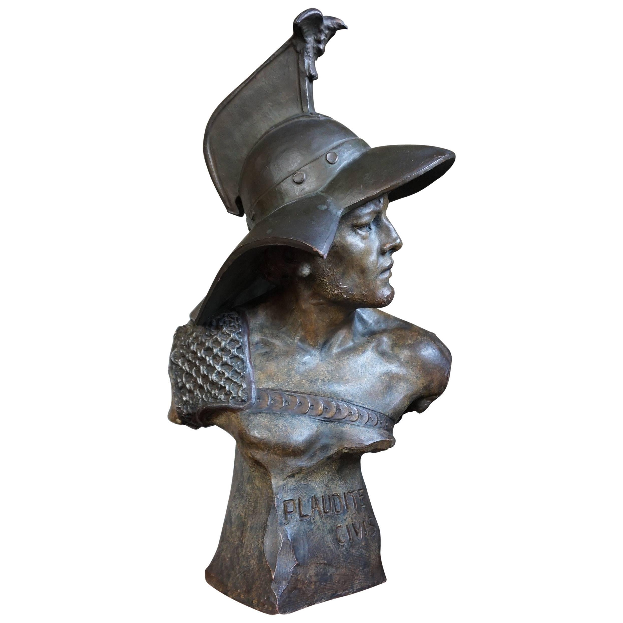 Stunning Antique Terracotta Roman Gladiator Bust Sculpture w Eagle Baring Helmet