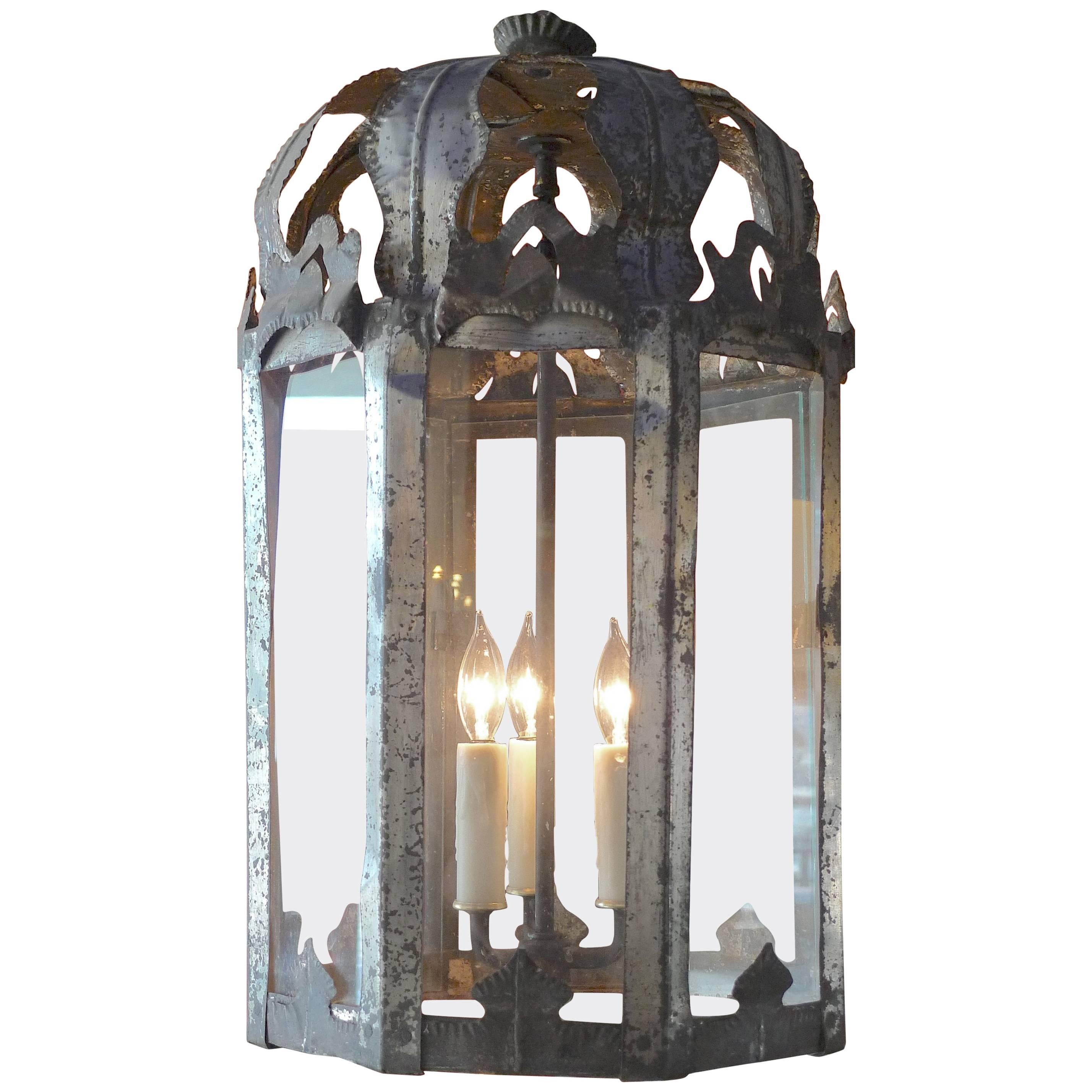 French 19th Century Iron and Glass Eight-Sided Three-Light Lantern