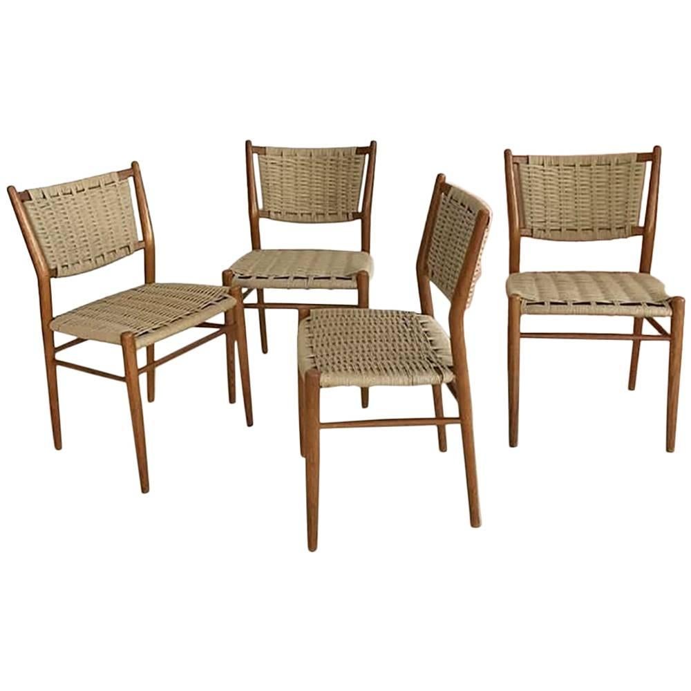 Midcentury Scandinavian Bendt Winge Fumed Oak Rope Woven Dining Chairs