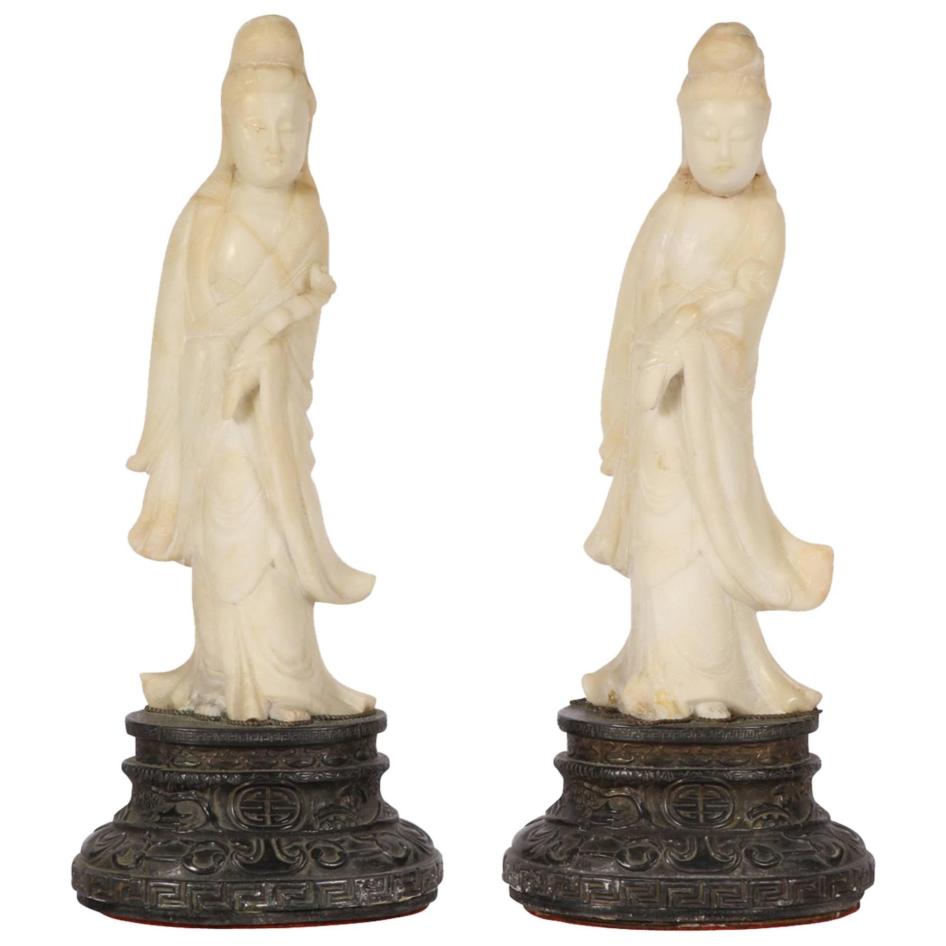 Pair of Quan Yin Figures Mounted as Lamps